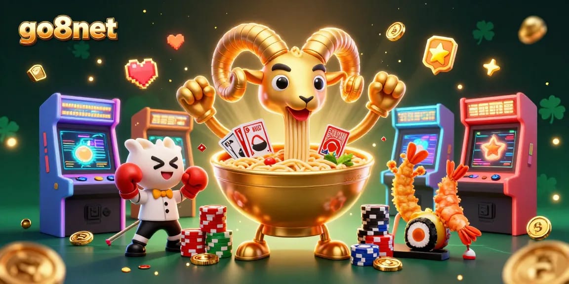 Winning with go8net in a vibrant, dynamic casino illustration featuring classic game elements and characters.