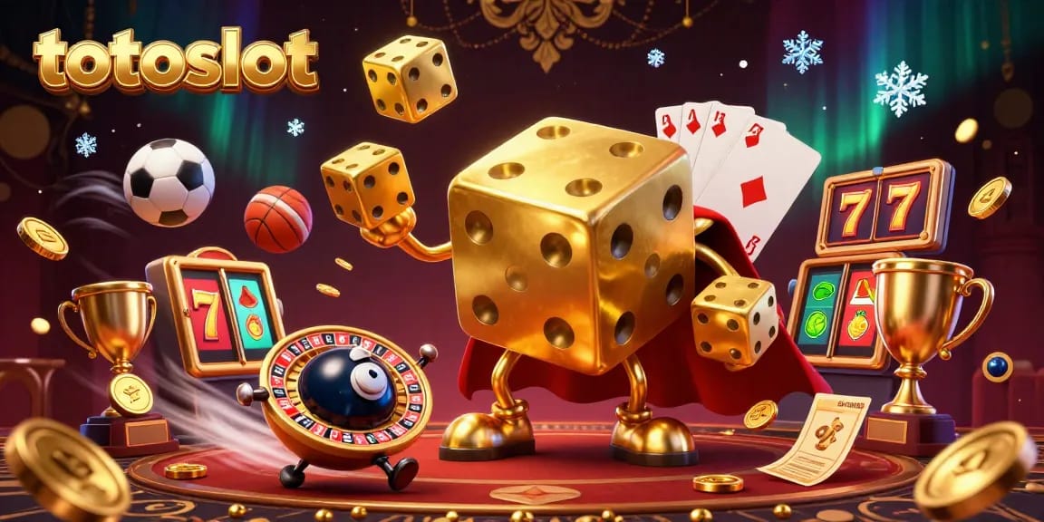 Engage with the excitement of totoslot as a golden dice golem juggles jackpot symbols in a dynamic casino scene.