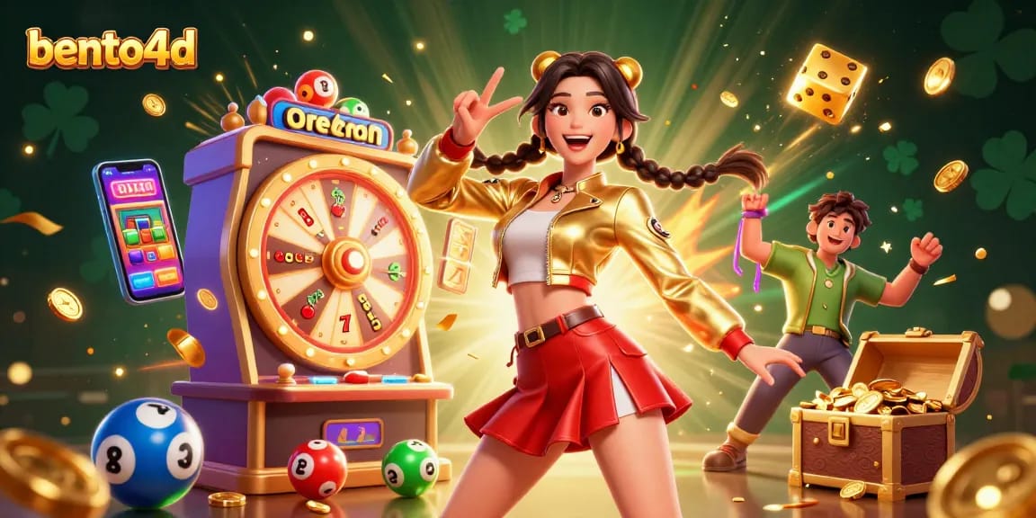 Rasakan permainan yang mendebarkan dengan bento4d yang menampilkan wanita Asia yang cerah, mesin slot jackpot, dan elemen kasino berwarna-warni.