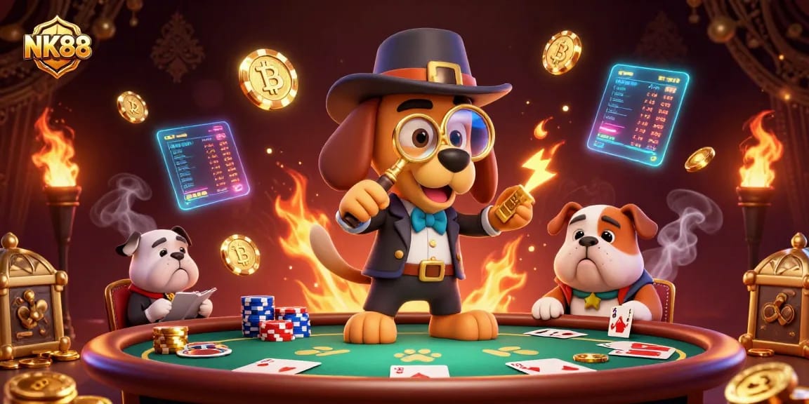 Join NK88 for poker excitement as a detective and bulldog explore treasure clues!