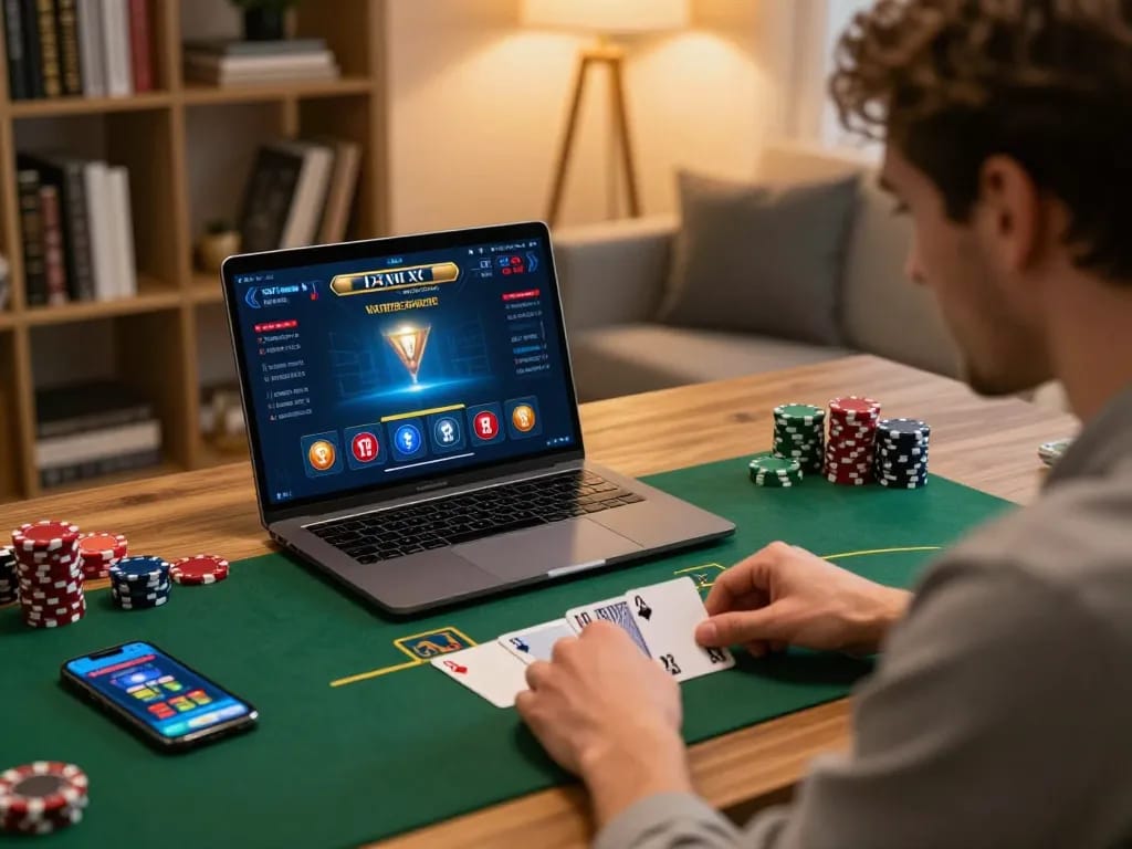 Engaged player at their laptop enjoying blackjack on the 13win platform.
