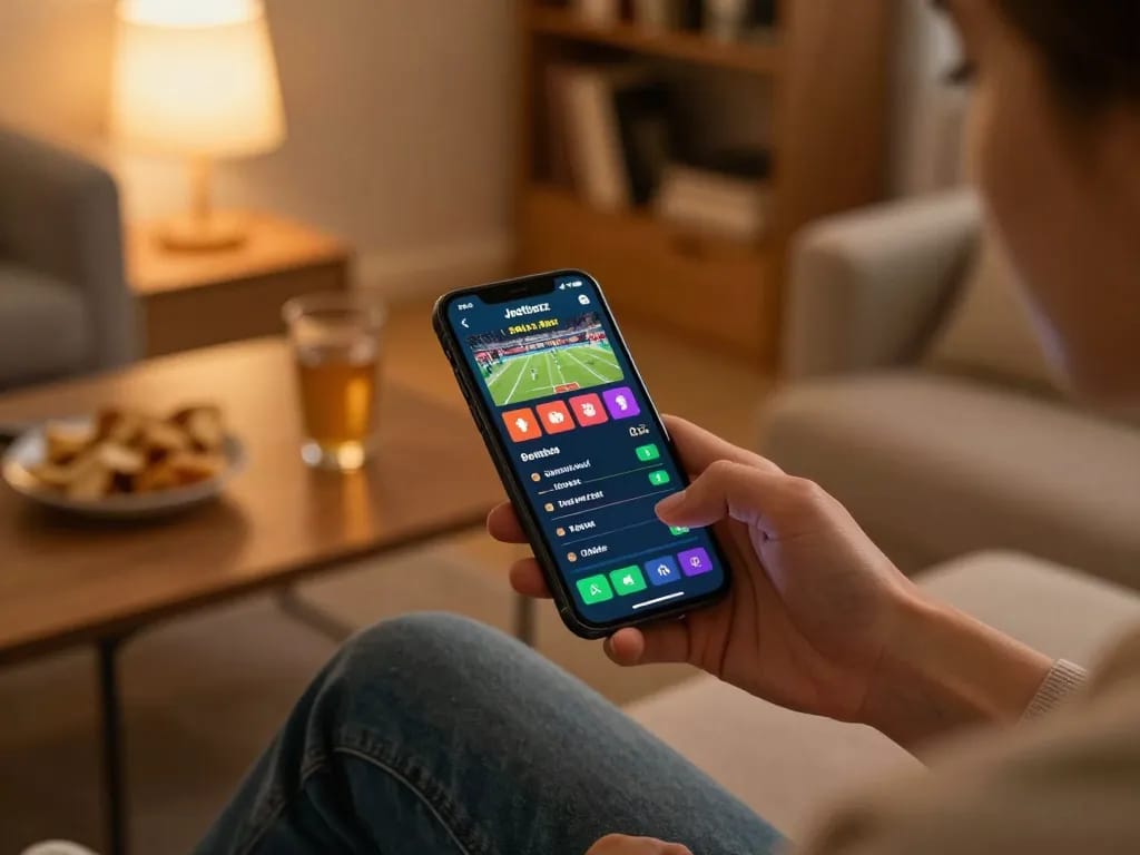 Engaging moment of a user checking live betting options on the Jeetbuzz App from a cozy home setting.