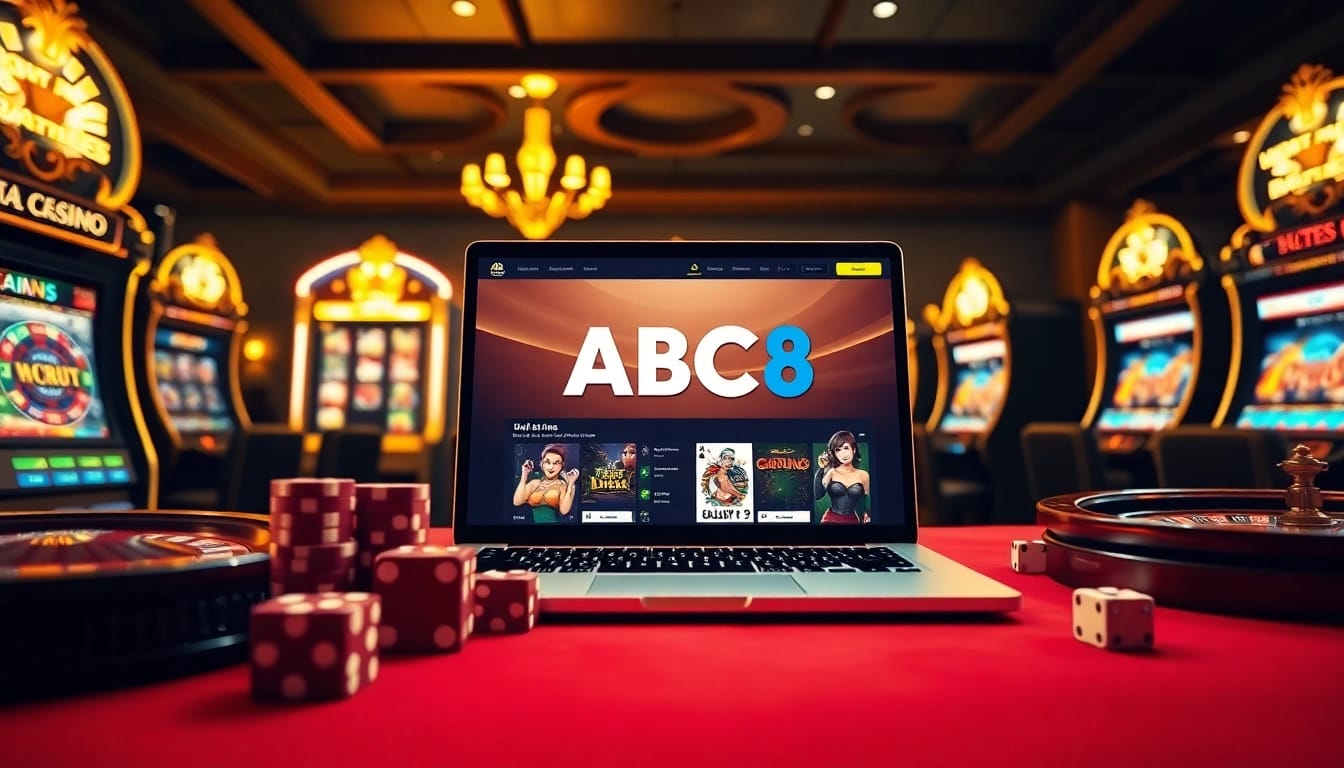 Experience the excitement of online betting with ABC8's engaging casino scene featuring vibrant gaming elements.