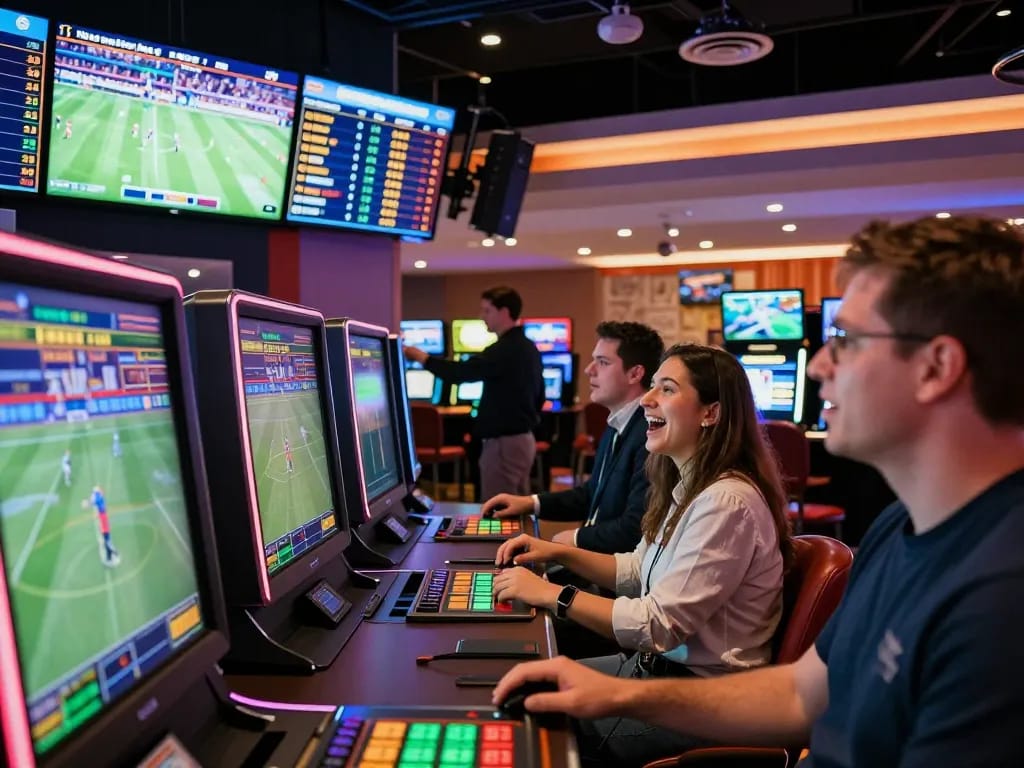 Placing bets in the energetic TG88 sports betting area with live displays and engaged patrons.
