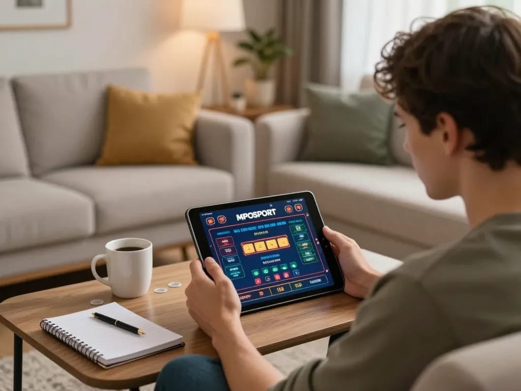 Person engaging with MPOSPORT online casino on tablet in cozy living room for strategic gameplay