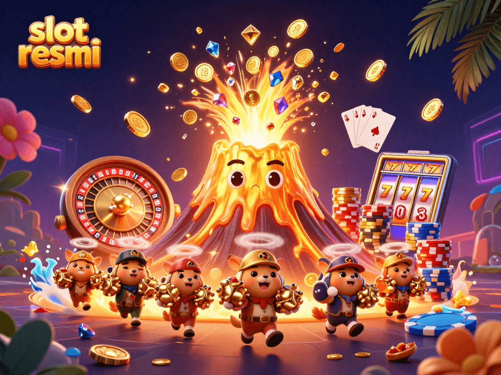 Experience thrilling gameplay with slot resmi as golden coins and treasures erupt from a victorious volcano.