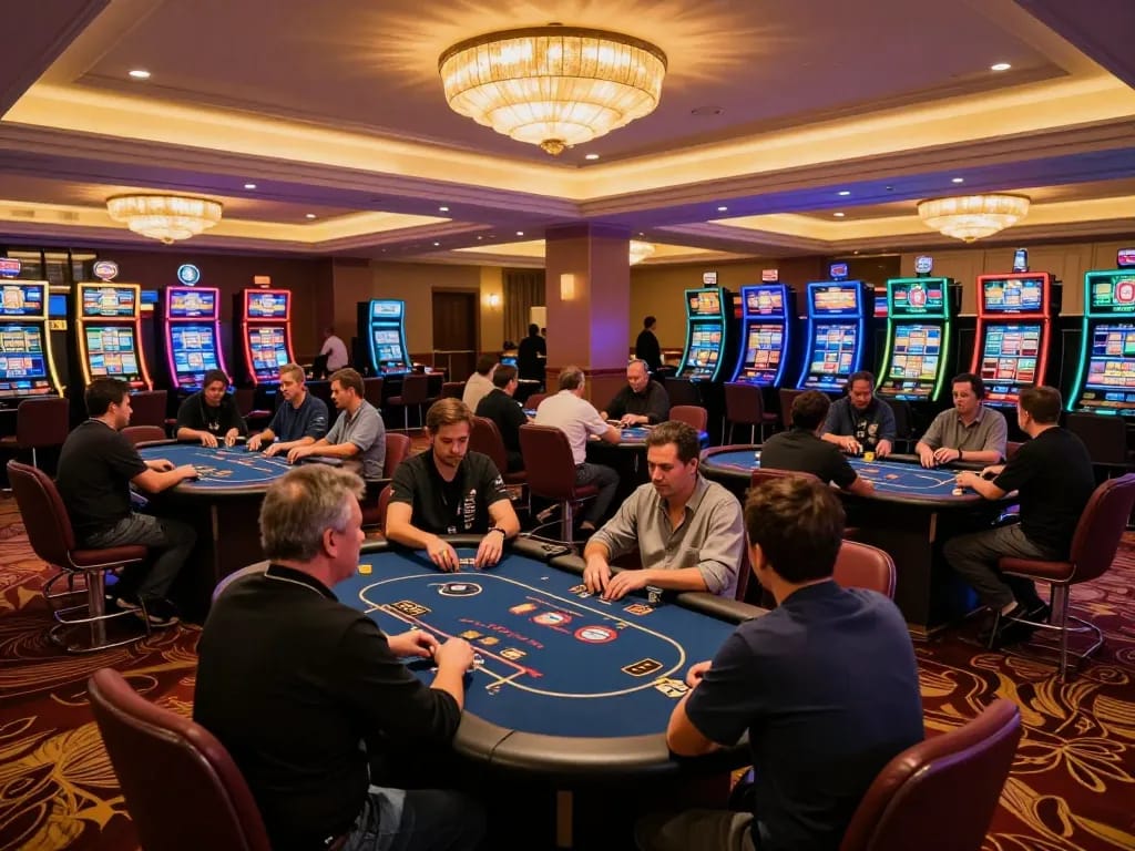 Play at dn88 casino with vibrant poker tables and exciting slot machines, showcasing a dynamic gaming atmosphere.