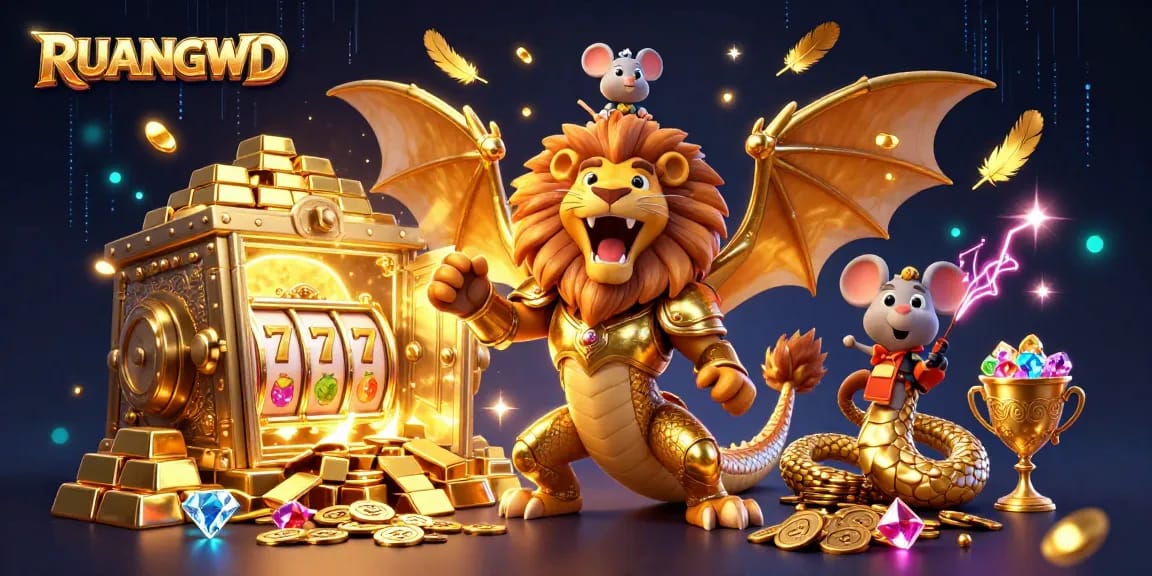 Play thrilling slots at RUANGWD, featuring a golden chimera guardian in a treasure vault.