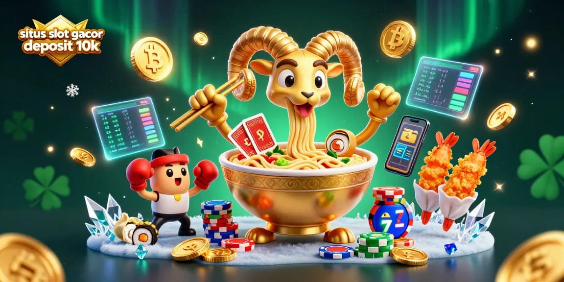 Spin the reels with the giant ramen bowl as it deals cards and Bitcoin in a vibrant casino scene, situs slot gacor deposit 10k.
