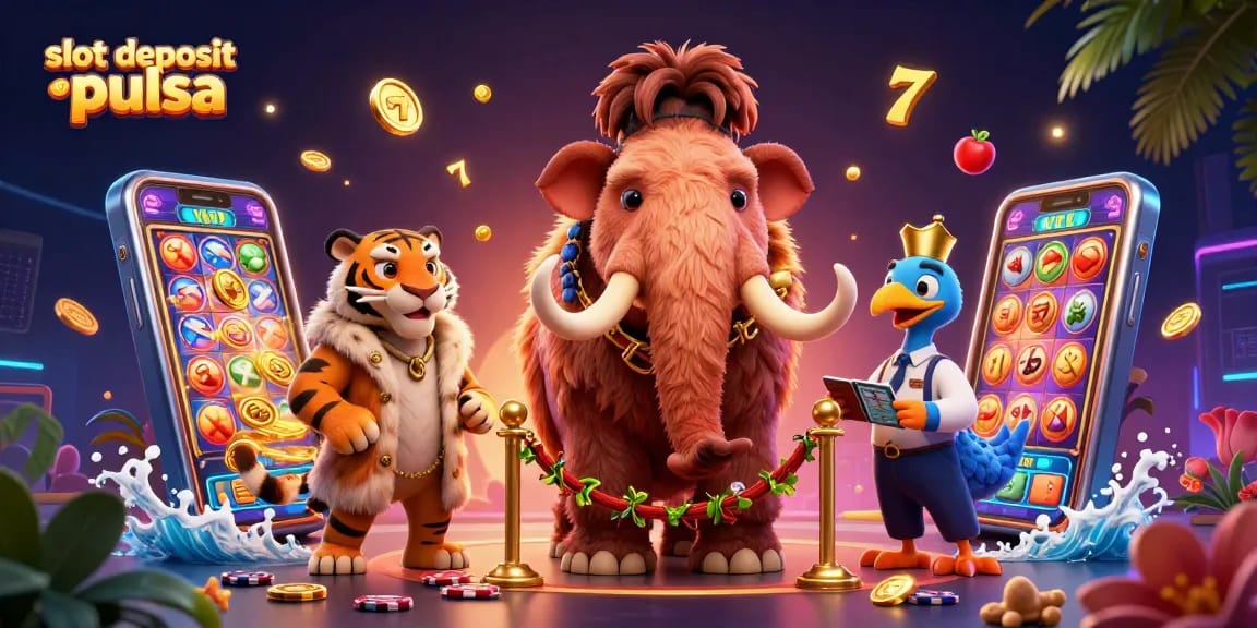 Slot deposit pulsa mengundang pemain dengan suasana kasino yang meriah di ilustrasi 3D