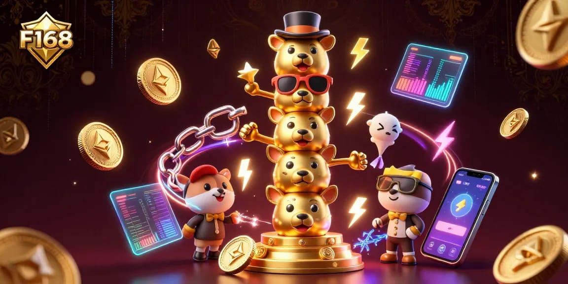 Experience thrilling gaming moments with F168 at a vibrant casino-themed illustration filled with crypto elements.
