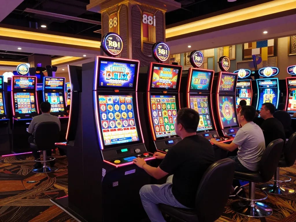 Players enjoying thrilling slot games at 88i's vibrant casino, showcasing excitement and bright machines.