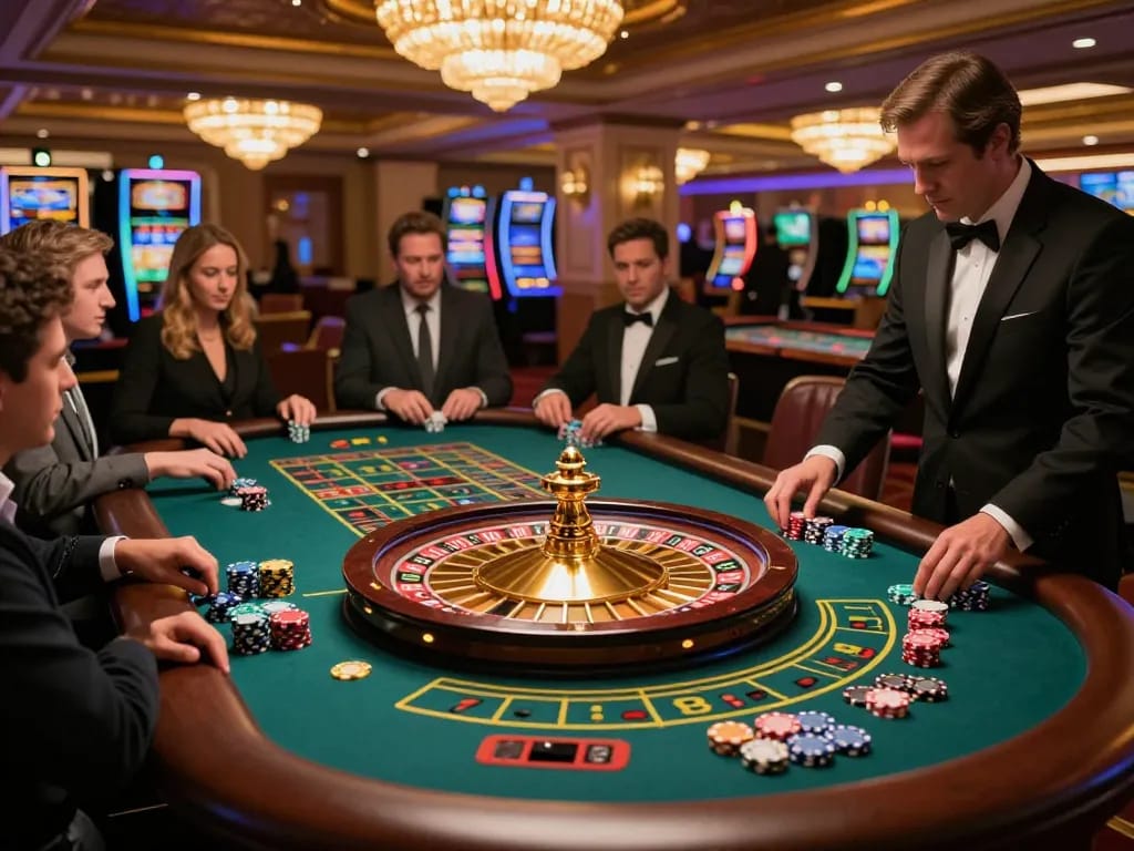 Experience the excitement of dash88 at a glamorous casino roulette table with vibrant players.