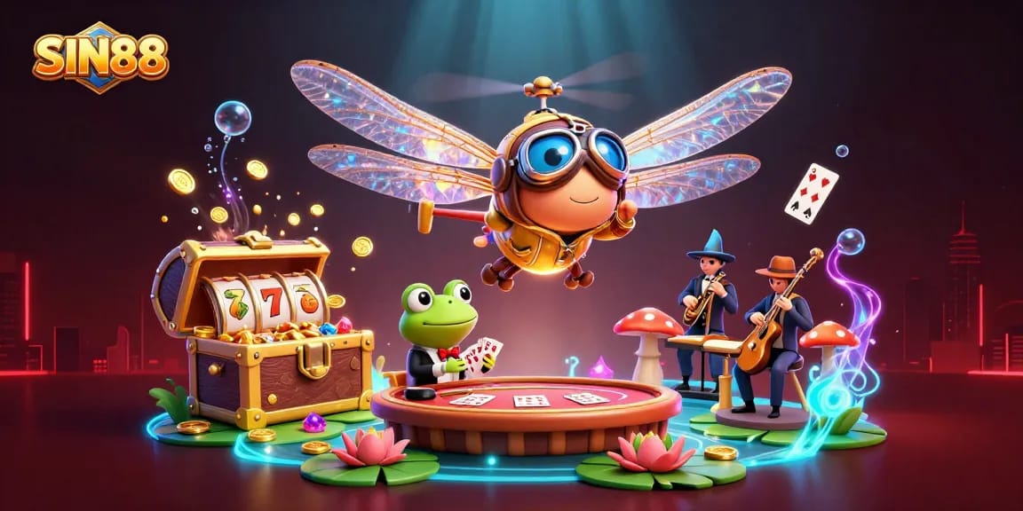SIN88 showcases a vibrant online casino scene with animated characters and rich gaming elements.