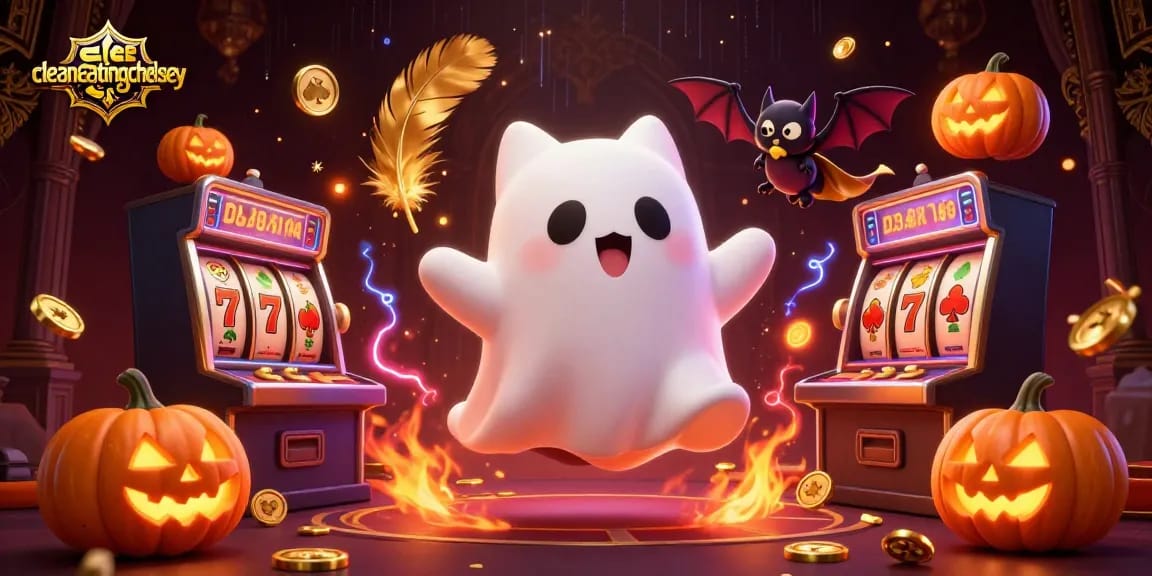 cleaneatingchelsey showcases a haunted casino scene with a ghost cat, vampire bat, and glowing jack-o-lanterns.