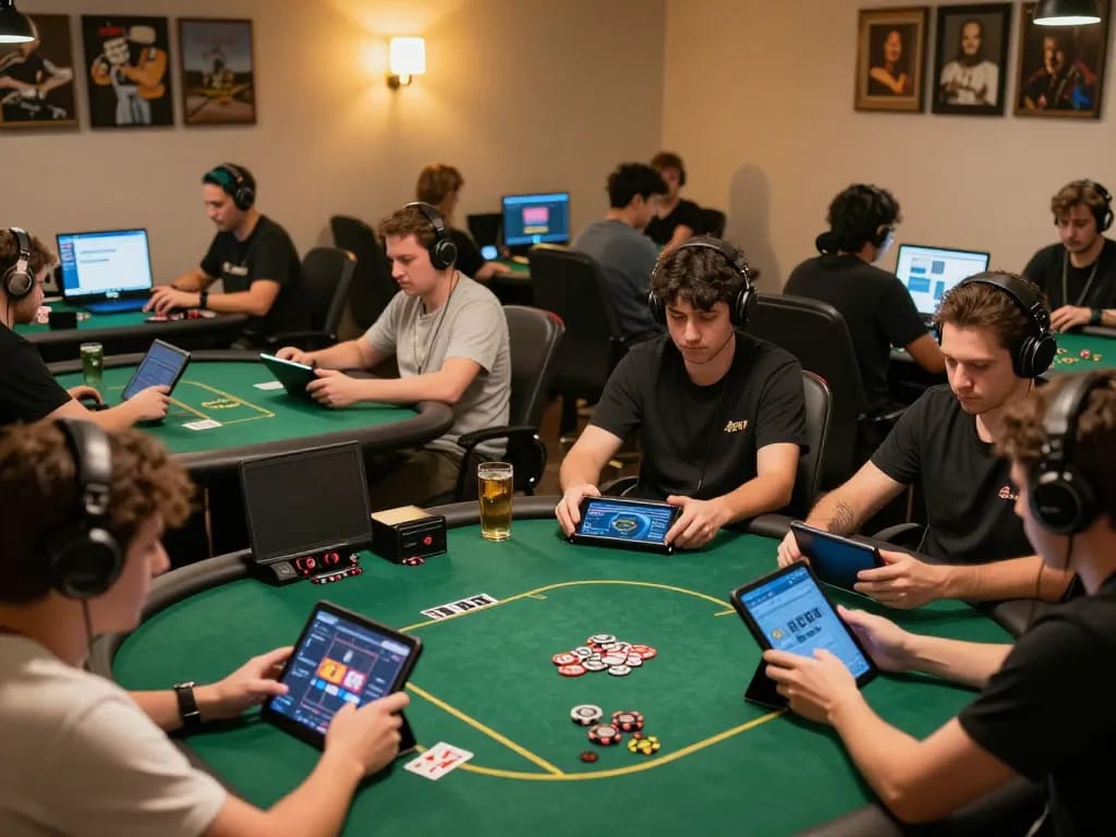 Players enjoying online poker at rikvip, showcasing excitement in a modern gaming setup.