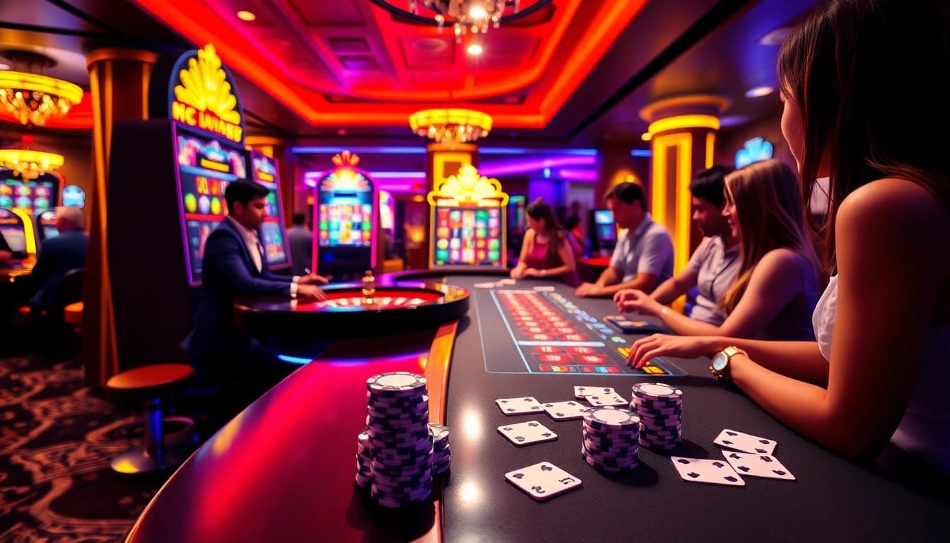 M88 casino ambiance showing players engaging at a roulette table and vibrant slot machines.
