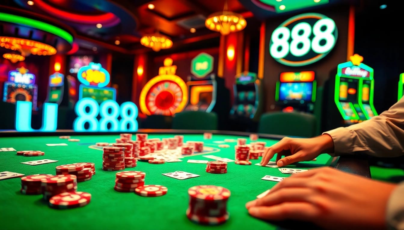 Exciting poker game scene showcasing u 888 casino elements with colorful chips and vibrant lighting.