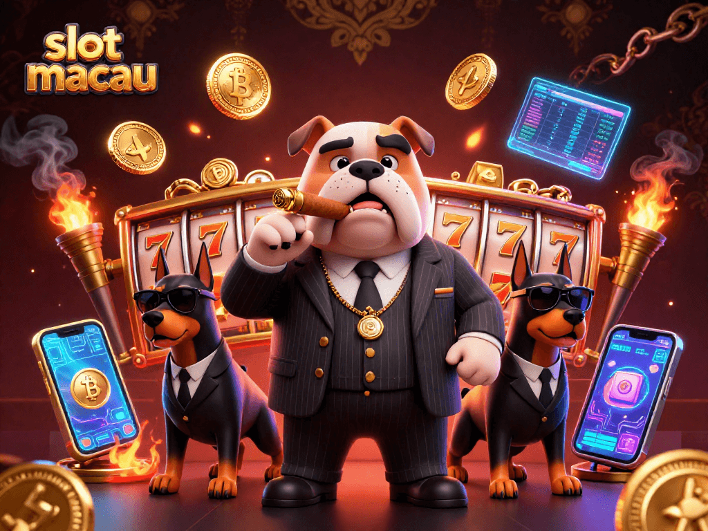 Engage with thrilling slot macau action featuring a mafia boss bulldog and two bodyguards in a vibrant casino.