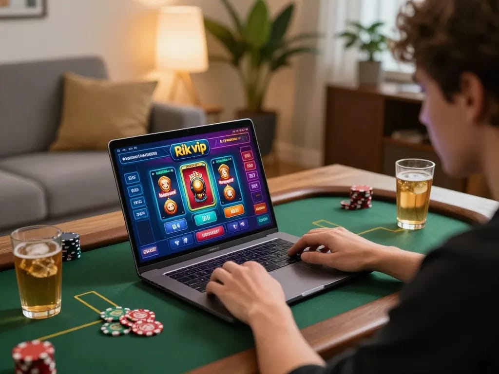Engaging in exciting games on rik vip during a cozy online gaming session at home.