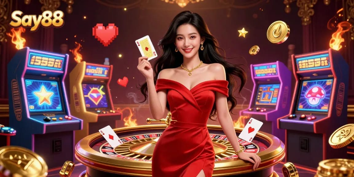 Engage in thrilling gambling action at Say88, featuring elegant casino visuals and vibrant game elements.