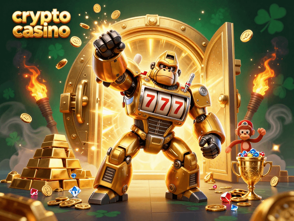 Experience the excitement of a crypto casino with a golden gorilla mech and treasure galore.