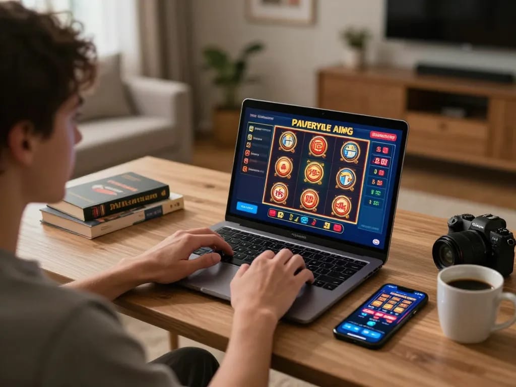 Engaging user plays exciting online slots on 888NEW casino app from comfort of home desk.