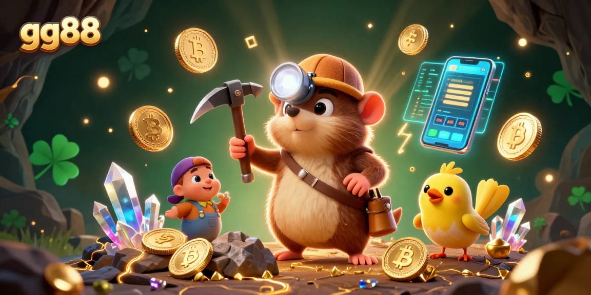 Engage with gg88's thrilling treasure hunt in a vibrant casino cave featuring glowing crypto elements.