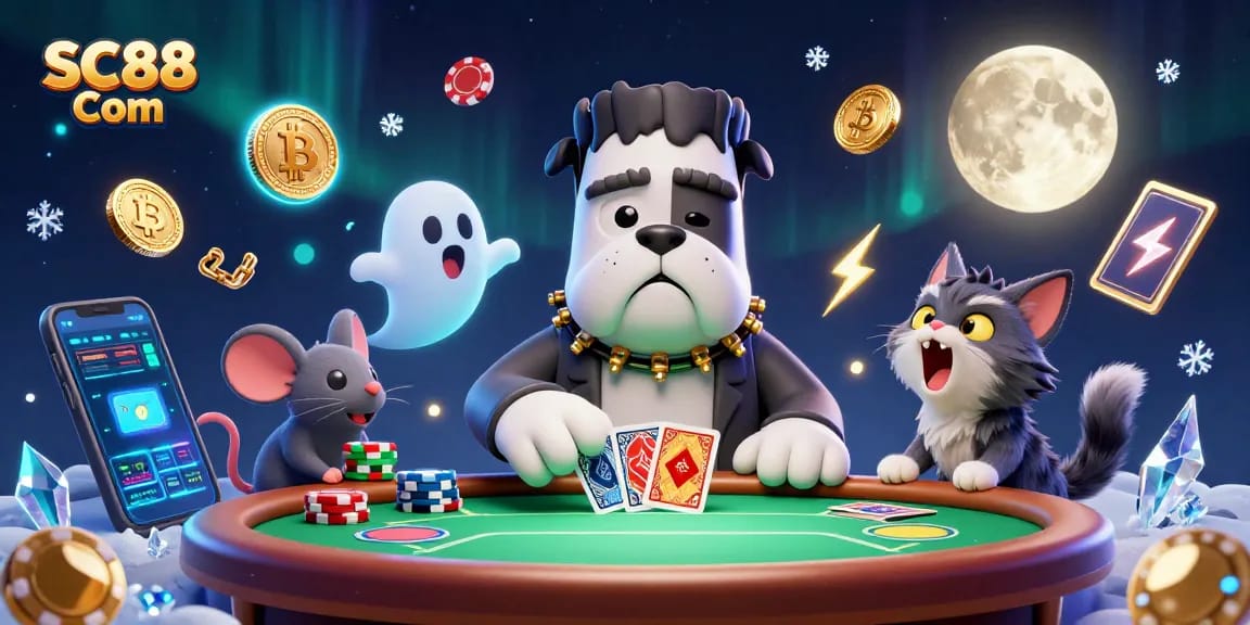 Play poker and win big at SC88 Com with a ghost mouse and werewolf kitten in a vivid scene!
