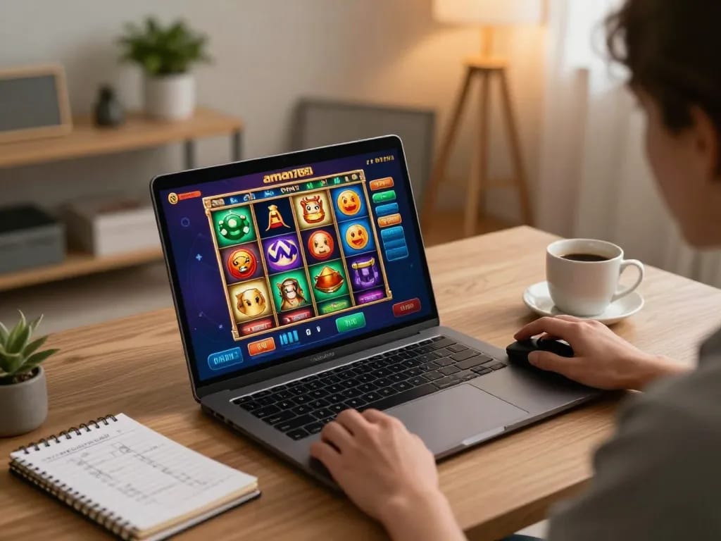 Engaging in aman788 slot online gameplay on a sleek laptop showcasing vibrant graphics and user interface