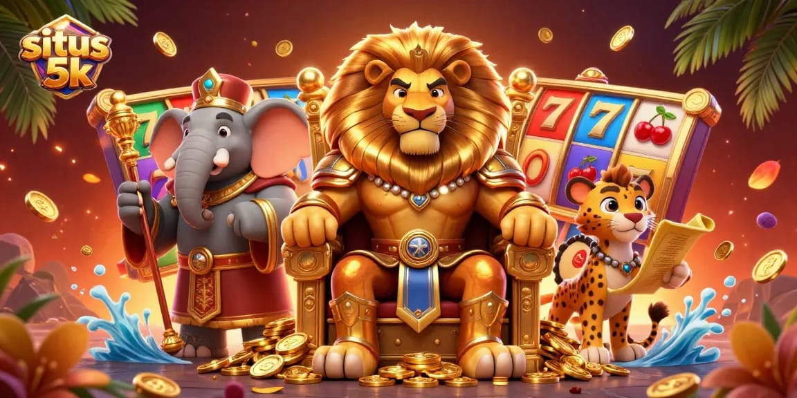 Experience thrilling gameplay at situs 5k with a dynamic illustration of casino characters and exciting slot elements.