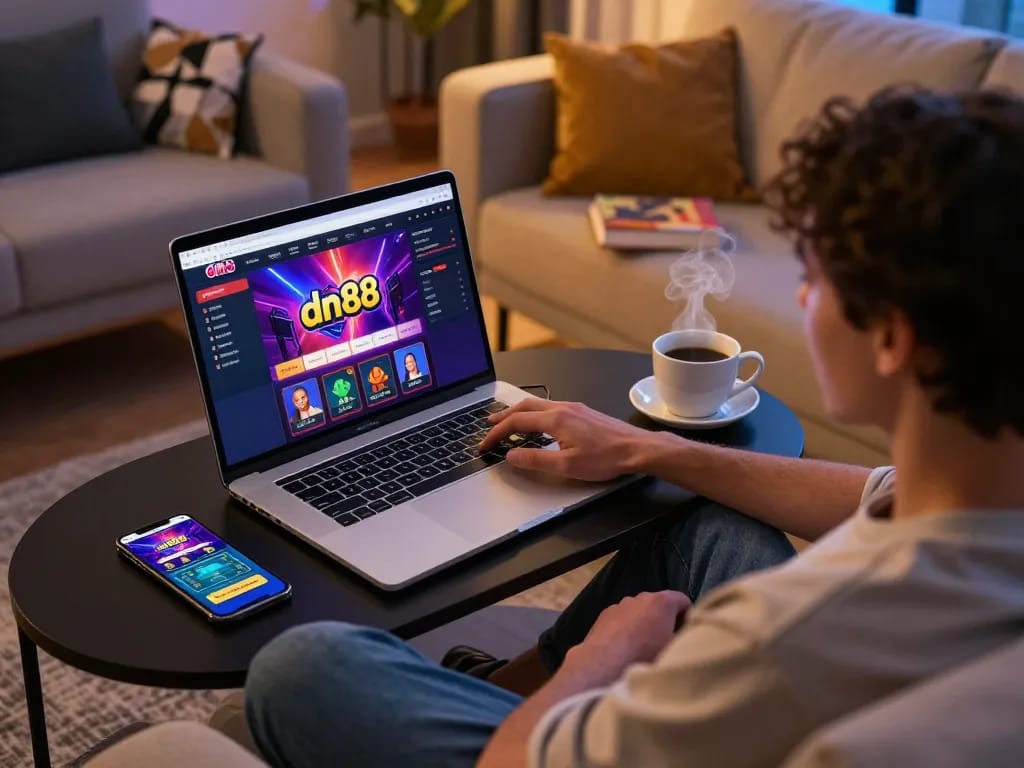 Engaging online gaming experience at dn88 with laptop and smartphone setup