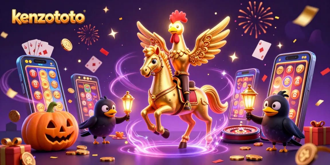 Kenzototo showcases a vibrant casino scene with a golden rooster character and exciting game elements.