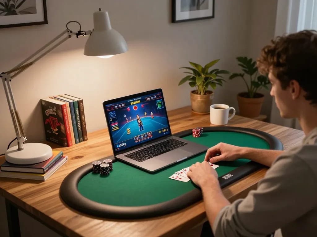 SX88 player strategizing poker in a modern home office setup for effective gameplay.