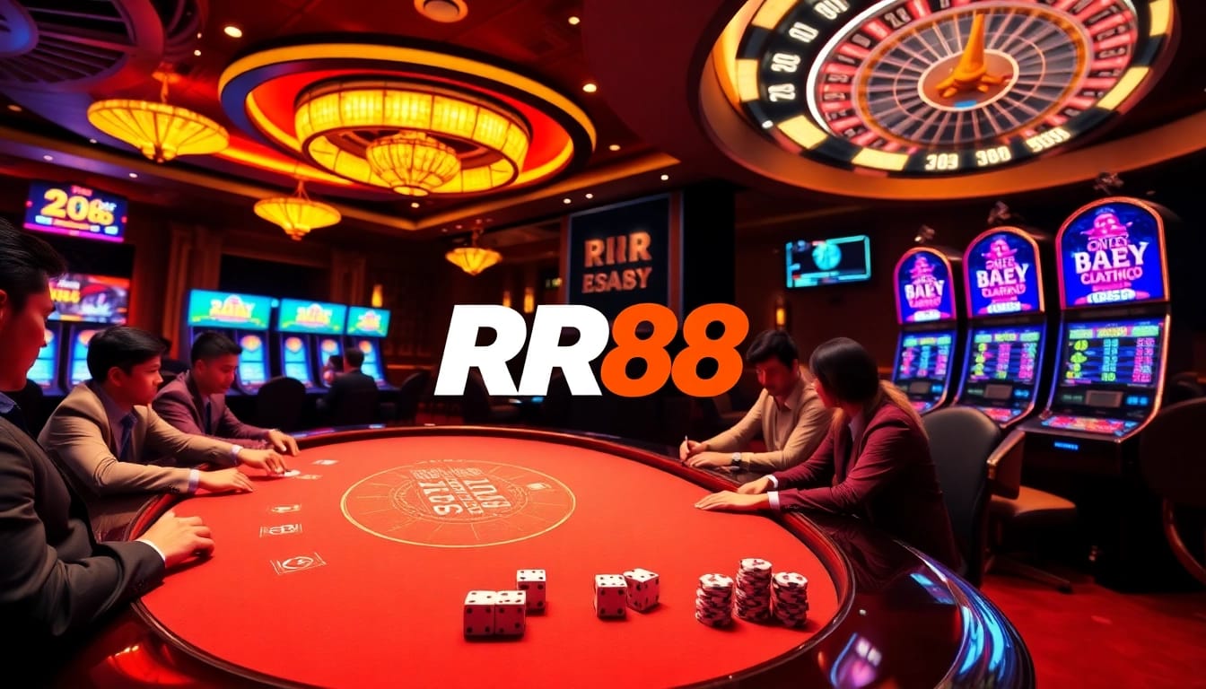 Players engaging with RR88 online gambling games at a vibrant casino setup.