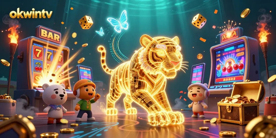 Experience thrilling live sports action on Okwintv with the vibrant digital casino landscape illuminated by a neon-wireframe tiger.