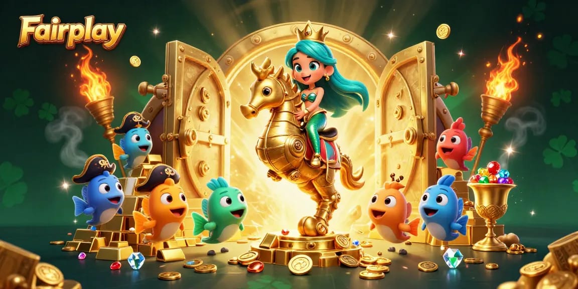 Experience Fairplay through this dynamic 3D illustration filled with casino treasures and vibrant characters.