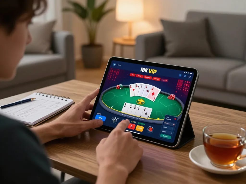 Engaging with the rik vip casino app on a cozy tablet setup in a stylish living room.