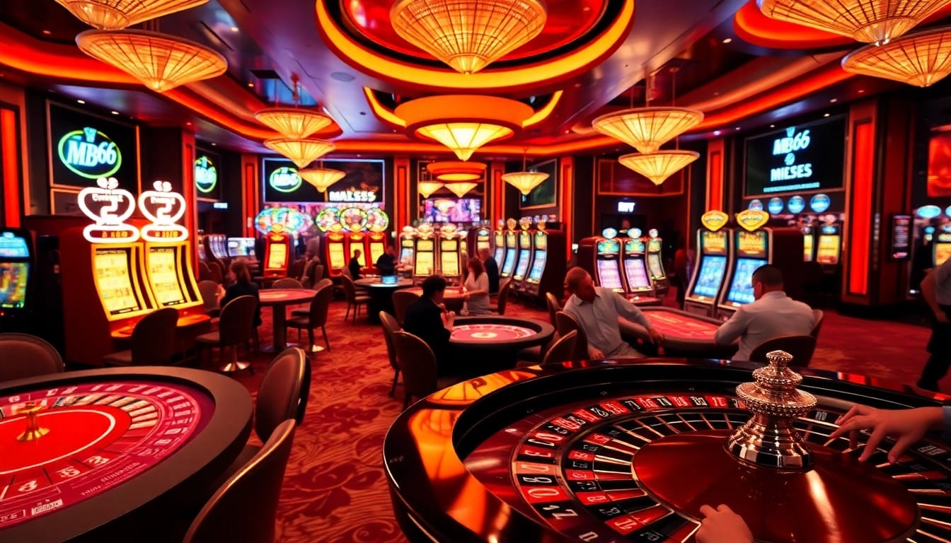 Experience the thrill of MB66 at a luxurious casino with vibrant gaming tables and players.