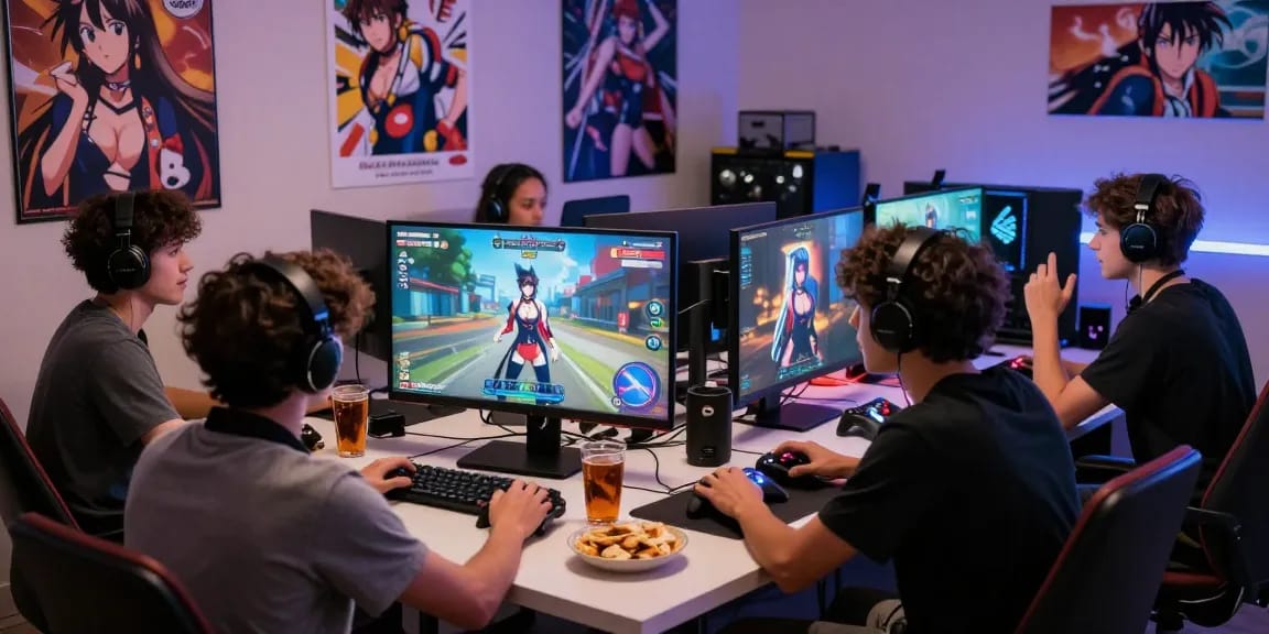 Group playing a hentai game together in a cozy gaming room