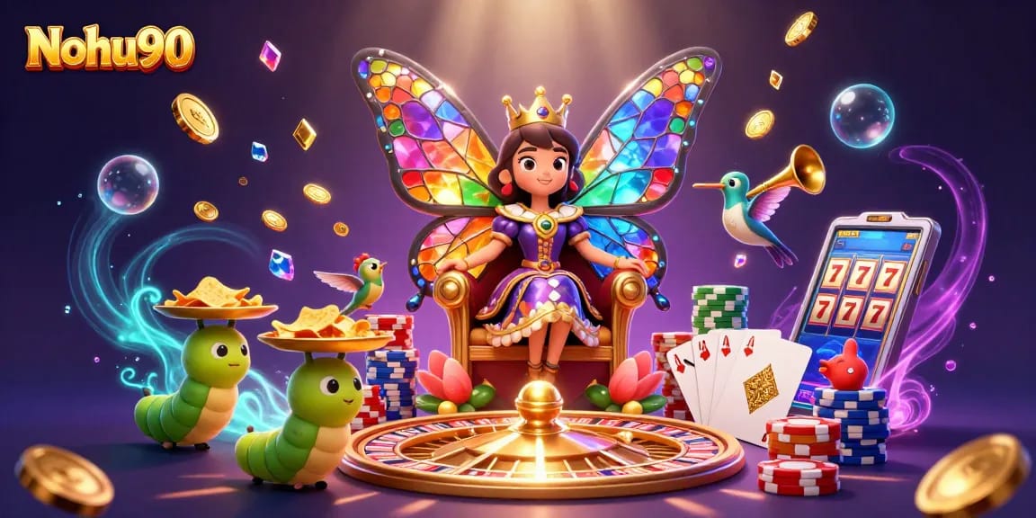 Nohu90 features a vibrant 3D illustration showcasing a butterfly queen, vibrant gems, and casino elements.
