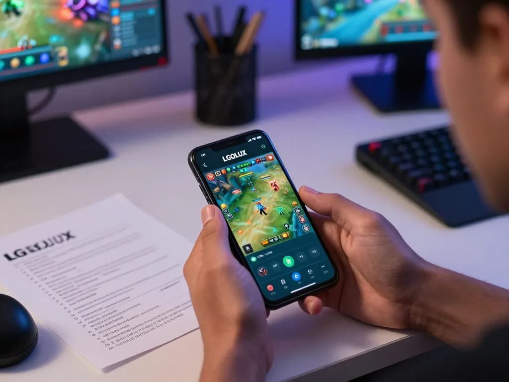 Player enjoying LGOLUX mobile app for online gaming strategies at a modern desk setup.