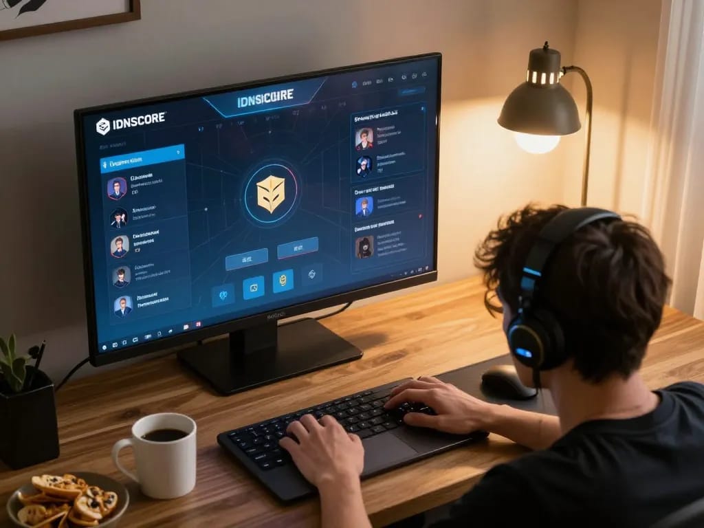 IDNSCORE player strategizing for a competitive online gaming tournament from the comfort of home.