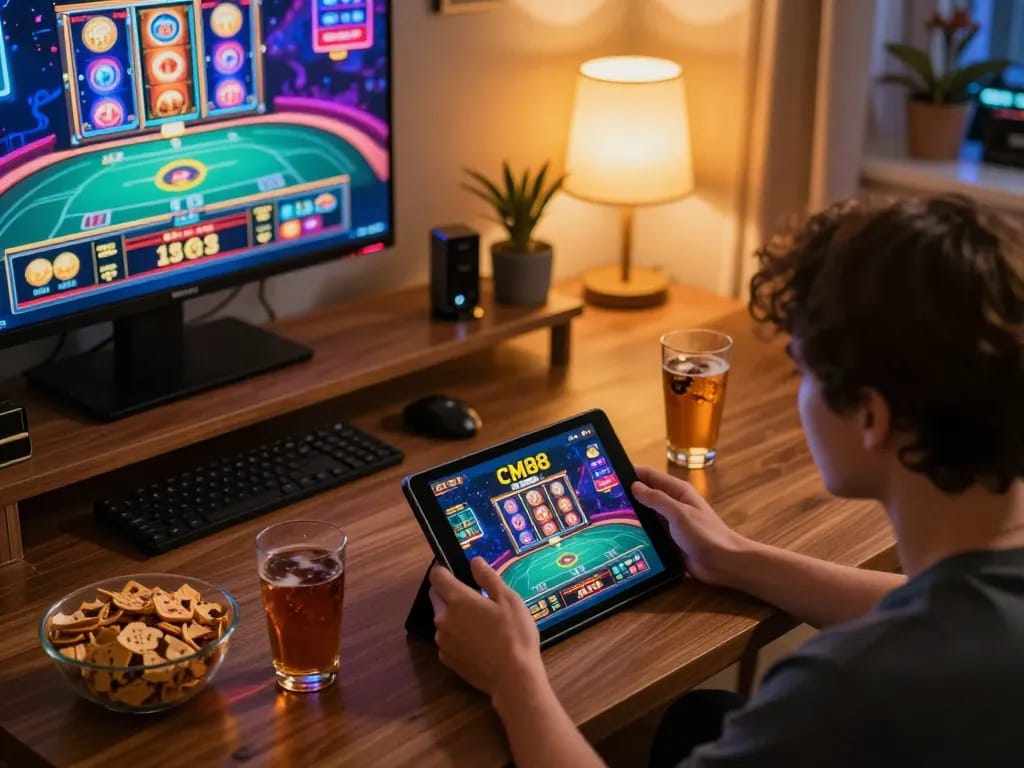 Player engaging in CM 88's online casino app on a tablet during a cozy home game night.