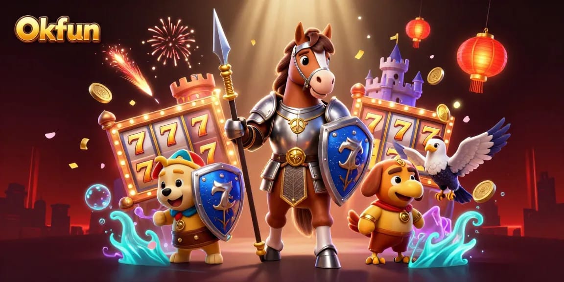 Experience thrilling gaming action with Okfun in a vibrant 3D casino scene filled with slot elements.