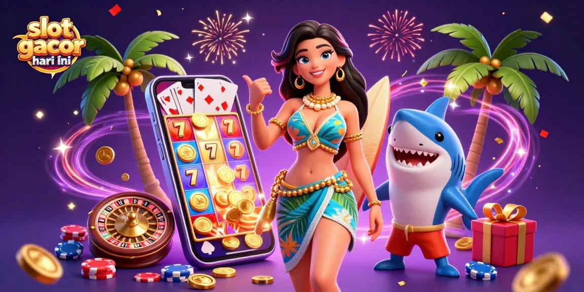 Berinteraksi dengan slot gacor hari ini dalam ilustrasi bertema kasino yang hidup menampilkan dewi pantai dan hiu peselancar.