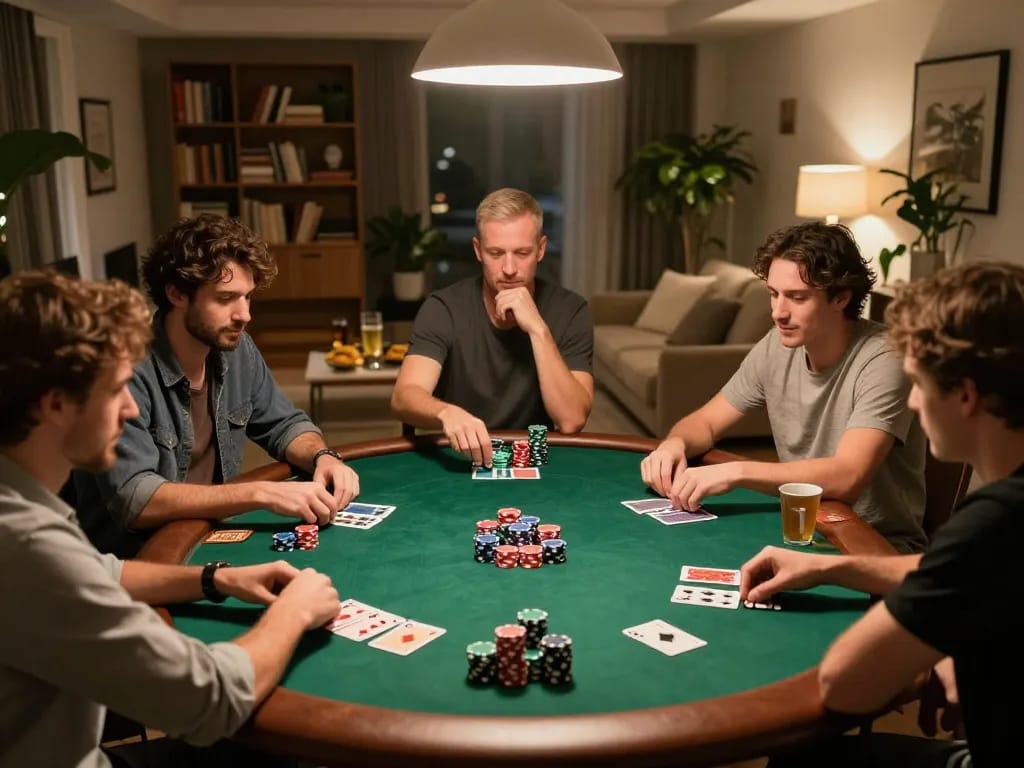 Friends enjoying a lively poker game at home, showcasing god55 gaming excitement and camaraderie.