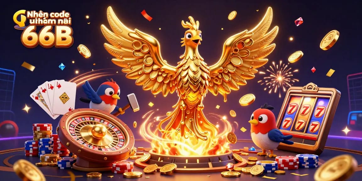 Win exciting bonuses with Nhận code khuyến mãi 66B amidst cascading coins and vibrant casino elements.