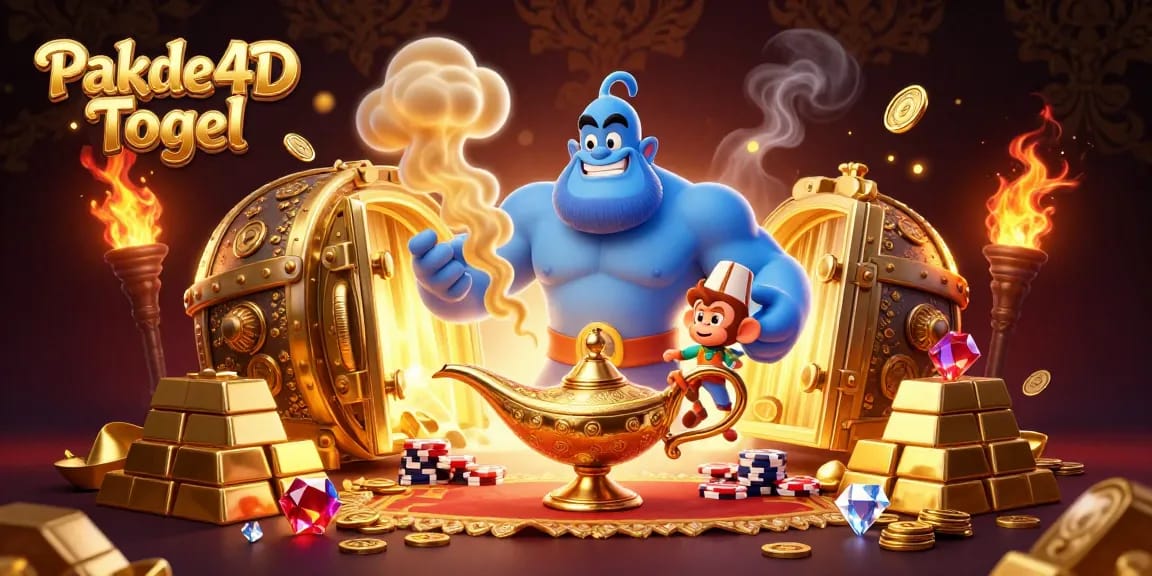 Experience thrilling wins at Pakde4D Togel with a magical scene featuring a genie, poker chips, and treasure.