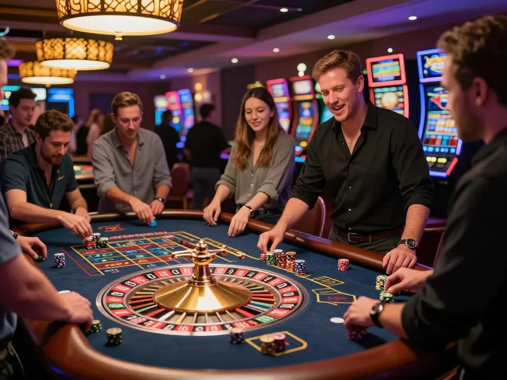 Experience the thrill of roulette at tg88 with players closely watching the spinning wheel during an exciting casino night